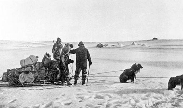 Robert Peary is generally recognized as the first person to reach the North Pole in 1909. He did it with a team of eskimos on dog sled