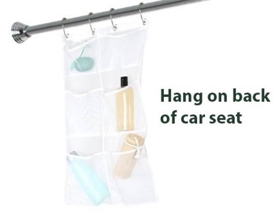 You can used a shower organizer to travel with kids by hanging it over the back of the seat