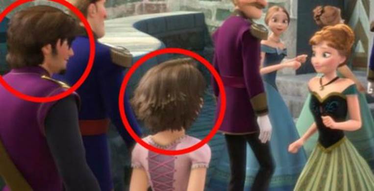 Flynn Rider and Rapunzel make an appearance at Elsa’s coronation in Frozen.