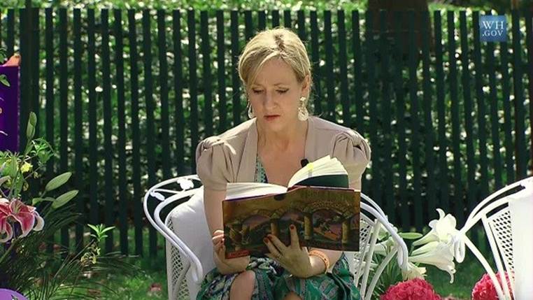 J._K._Rowling_at_the_White_House reading Harry Potter