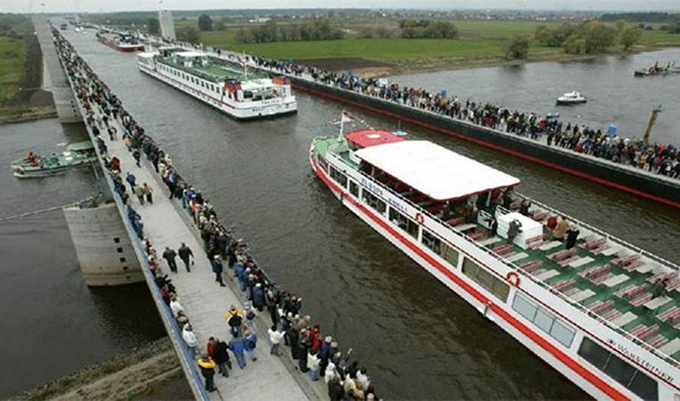 In Germany, there is a water bridge over the River Elbe. It allows ships to cross the river.