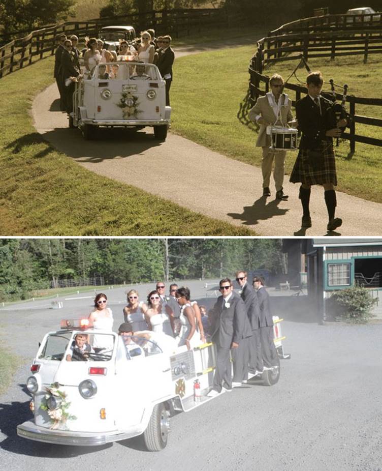 bridal party in a convertible vw bus