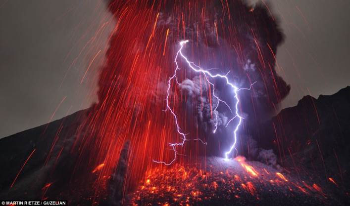 Fireworks: Sakurajima Volcano captured by Martin Rietze in January this year. He has spent a decade travelling the globe trying to snap the most dramatic pictures of violent volcanic eruptions 