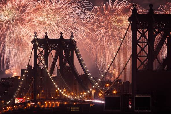 Taken from Brooklyn, with the Manhattan Bridge in the foreground. Fourth of July