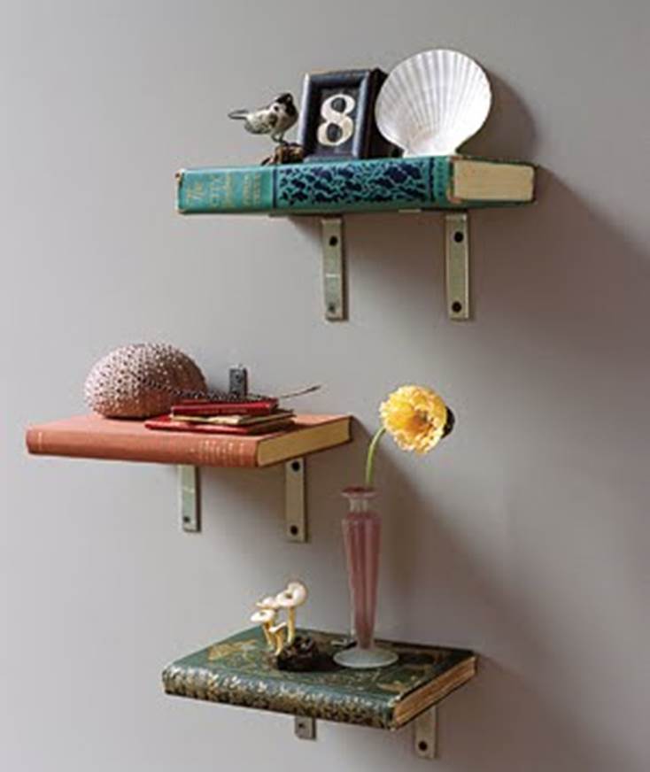 turn old books into shelves with brackets