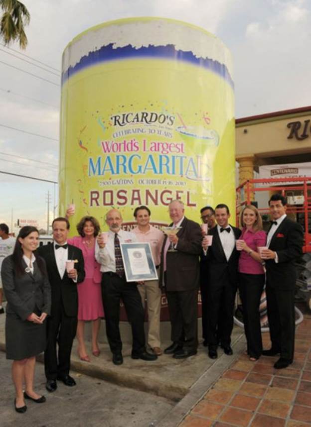 Pink Margarita--Mixed in Las Vegas, the 7,039 gallon frosty drink can fill 81,355 glasses. It is 14 feet tall, 10 feet wide and consists of 1,215 gallons of tequila, 5,000 gallons of water, 750 quarts of lime juice, 750 gallons of La Paz Sweet and Sour, 396 gallons of triple sec and 20 pounds of salt.