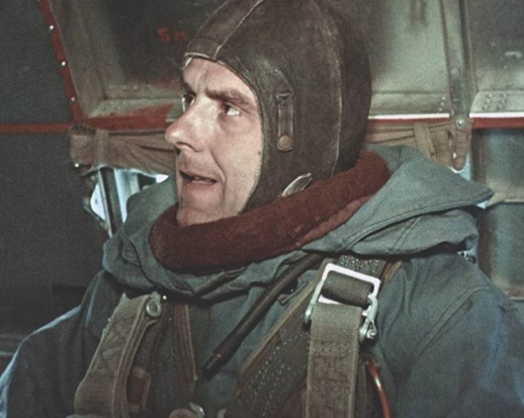 Cosmonaut Vladimir Komarov on board the plane before parachute jumping as a work out