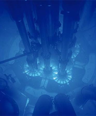 Cherenkov radiation is what happens when a particle travels through a medium (like water) faster than light would. This radiation gives off a blue glow that is characteristic of underwater nuclear reactors