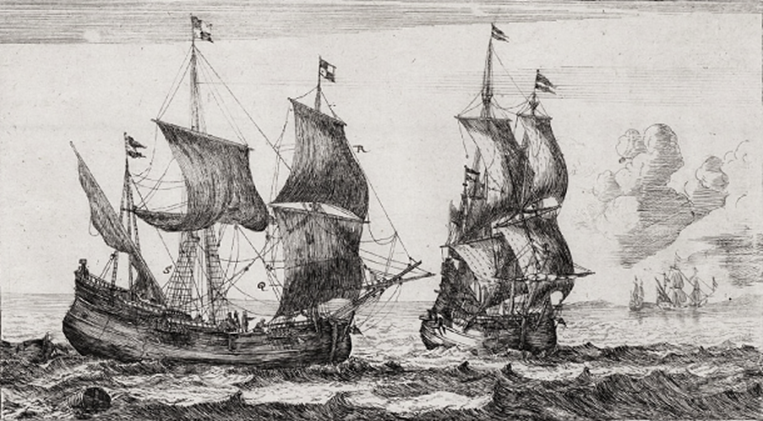 Copper_engraving_titled_'Port_View_With_Two_Flute_Ships'_by_Reinier_Nooms,_late_17th_century