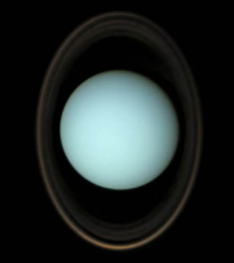 Uranus has two sets of rings of very thin set of dark-colored rings. The ring particles are small, ranging from dust-sized particles to small boulders. There are eleven inner rings and two outer rings. 