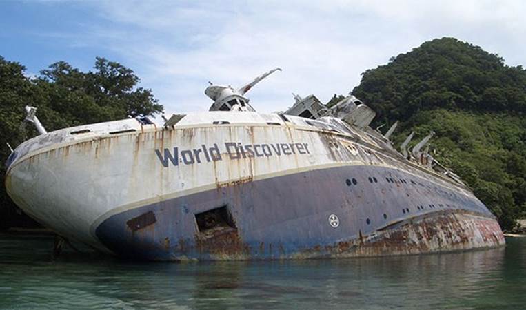 The World Discoverer is an abandoned and beach wrecked cruise ship hidden in a remote bay on the Solomon Islands