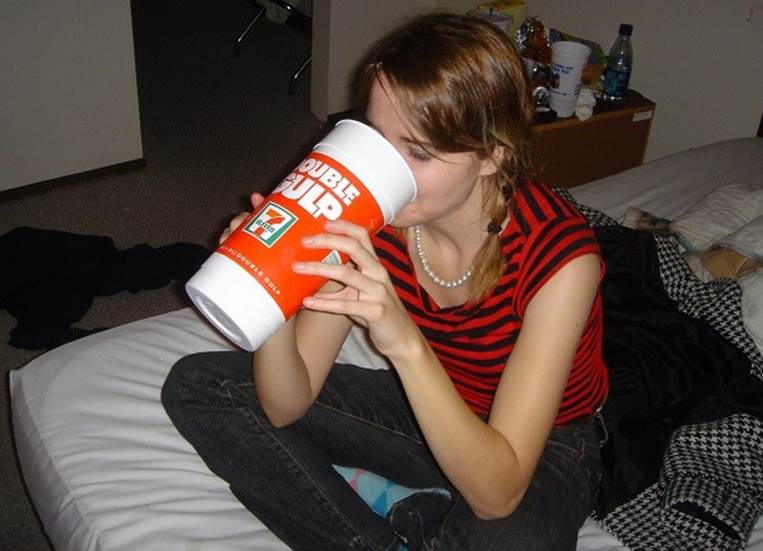 girl drinking double big gulp
