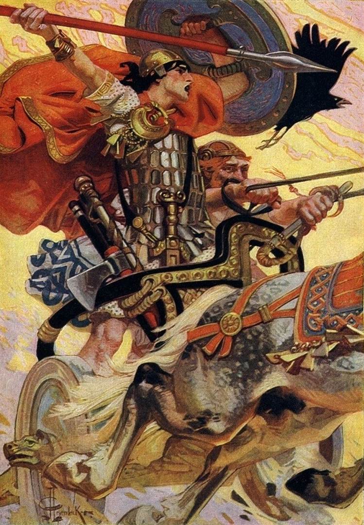 Cú Chulainn Riding His Chariot into Battle, illustration by J. C. Leyendecker in T. W. Rolleston's Myths & Legends of the Celtic Race, 1911